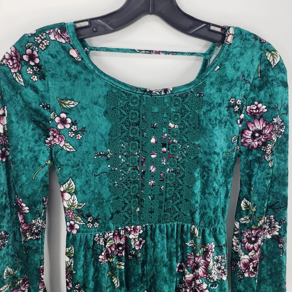 BEAUTEES Floral Velvet Tiered Dress Girls 12 Teal Crochet Lace Long Bell Sleeve